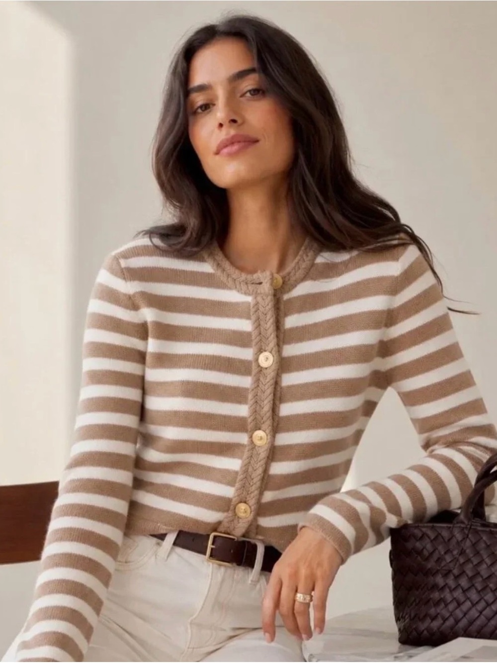 J. Crew Cream and Brown Striped Button-Front Cardigan